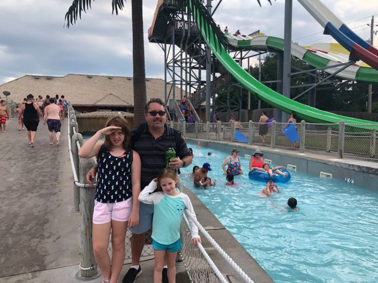 Deciding whether to try the Adventureland water slides.