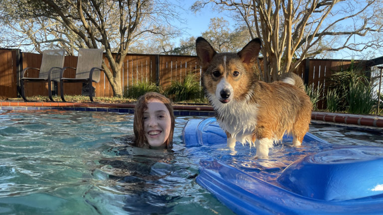 Teaching Rosie to swim.