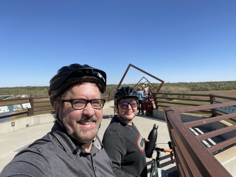 Riding with Alisha and friends on the High Trestle Trail Bridge.