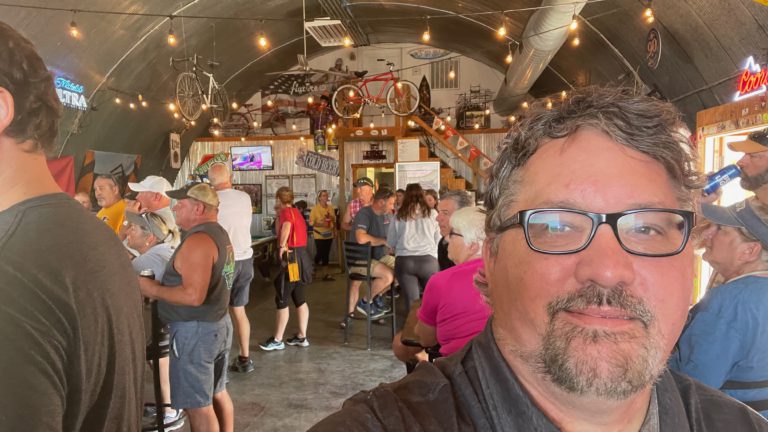 At a bicycle bar in Madrid, Iowa, with a few dozen friends.