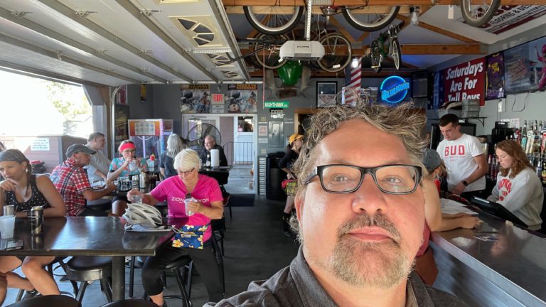 At a bicycle bar in Slater, Iowa, with a few dozen friends.