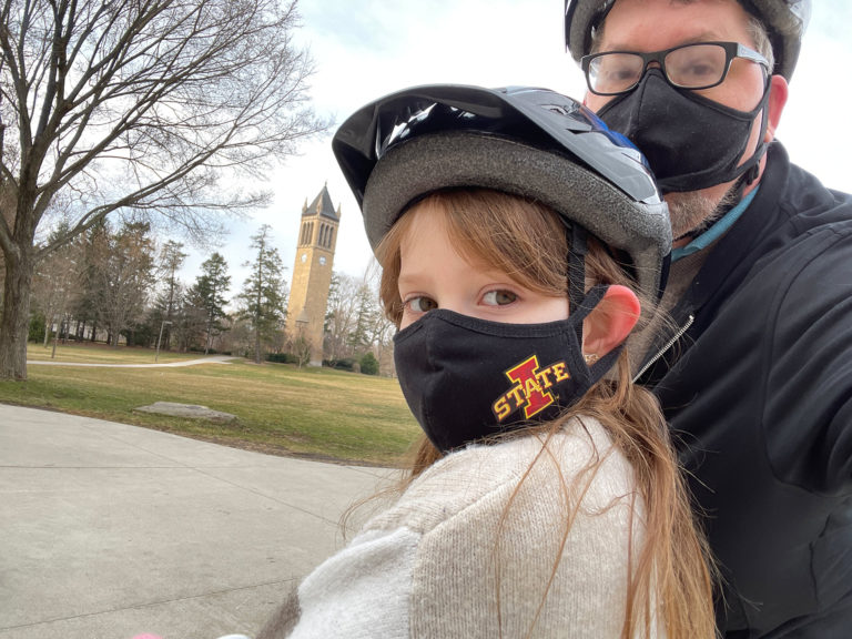Charlie and me, bicycling on campus.