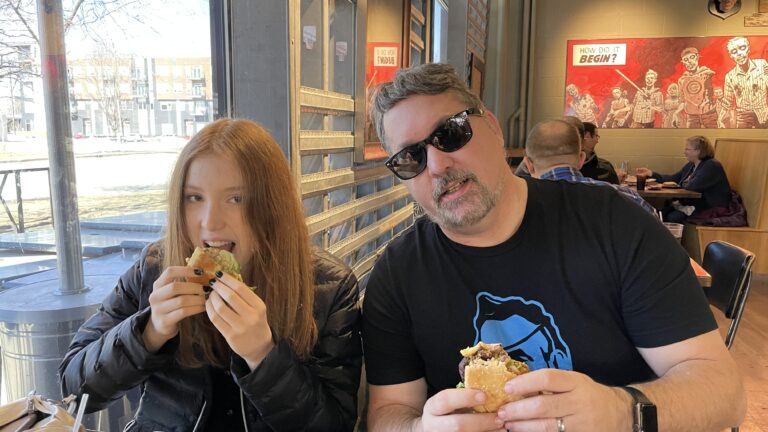 Q and me at Zombie Burger, Des Moines.