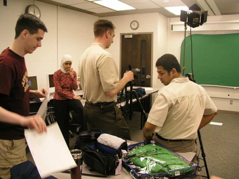 Preparing video shoots in class, back when HD was new.