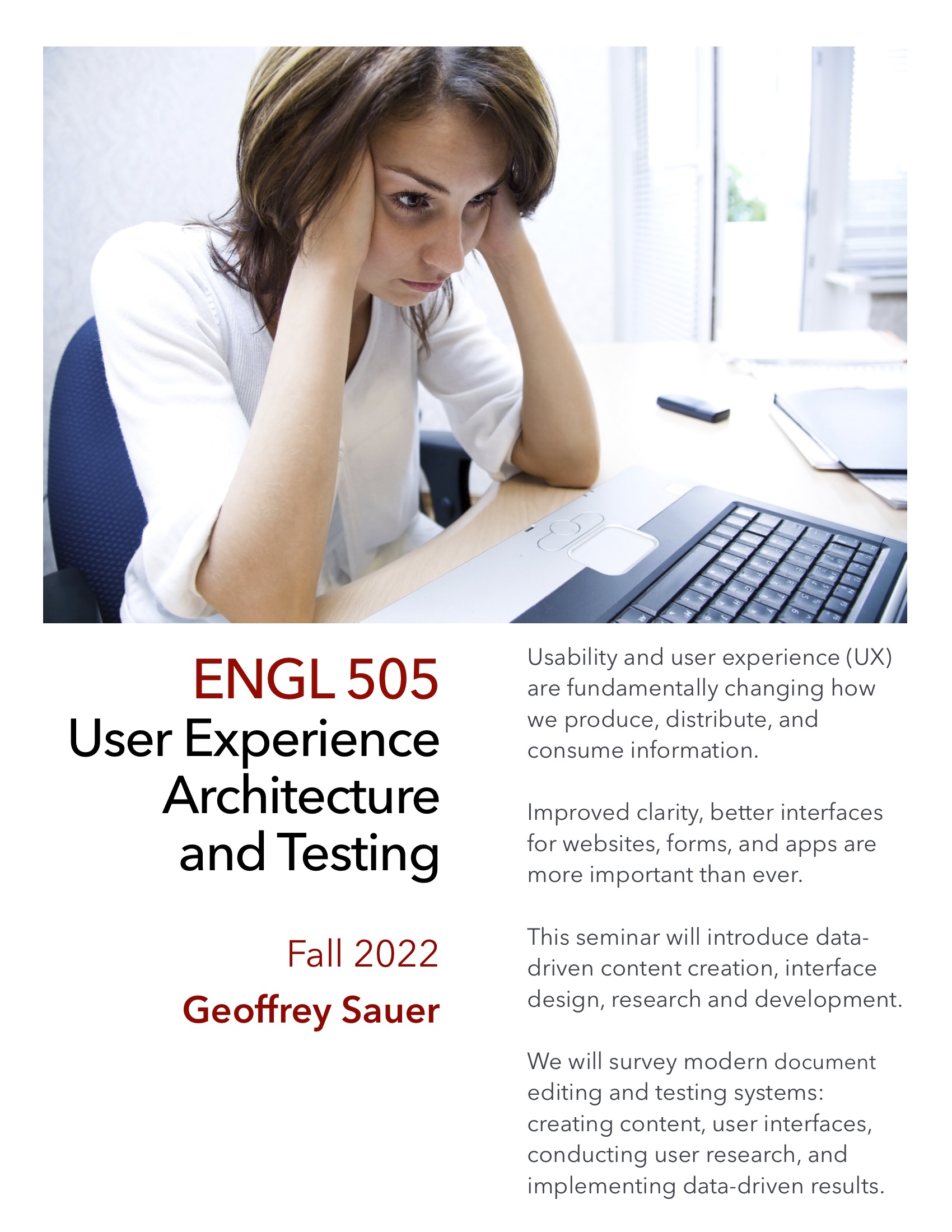 A flyer for my Usability and User Experience grad seminar.