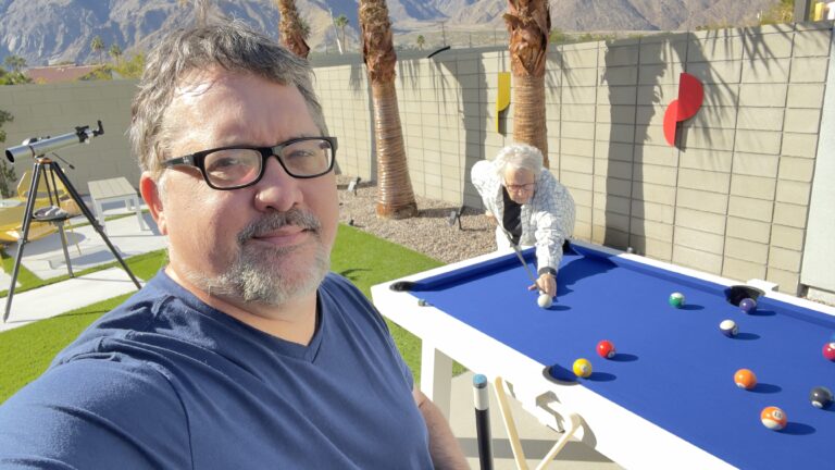 Playing pool with my mother in Palm Springs.