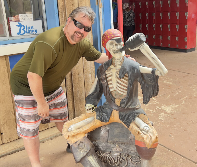 Geoff and a pirate friend at the Lubbock water park.