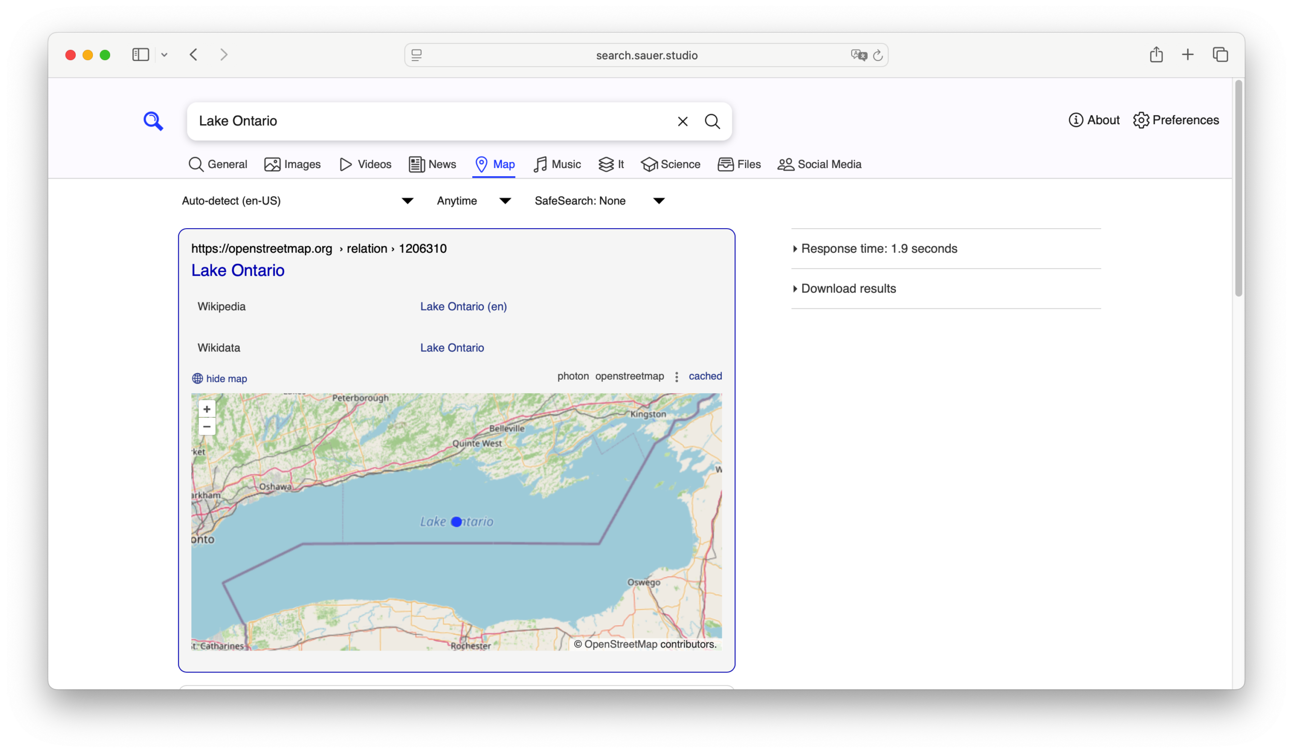 Sauer Studio Search website map of Lake Ontario screen shot